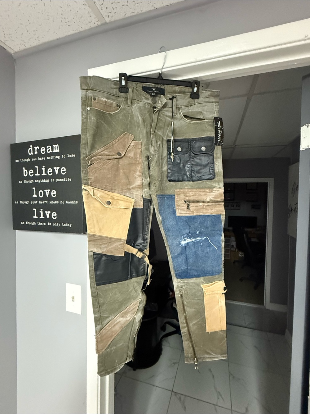 Jordan Craig Patchwork jeans in Olive Green with Multi-Panel Details